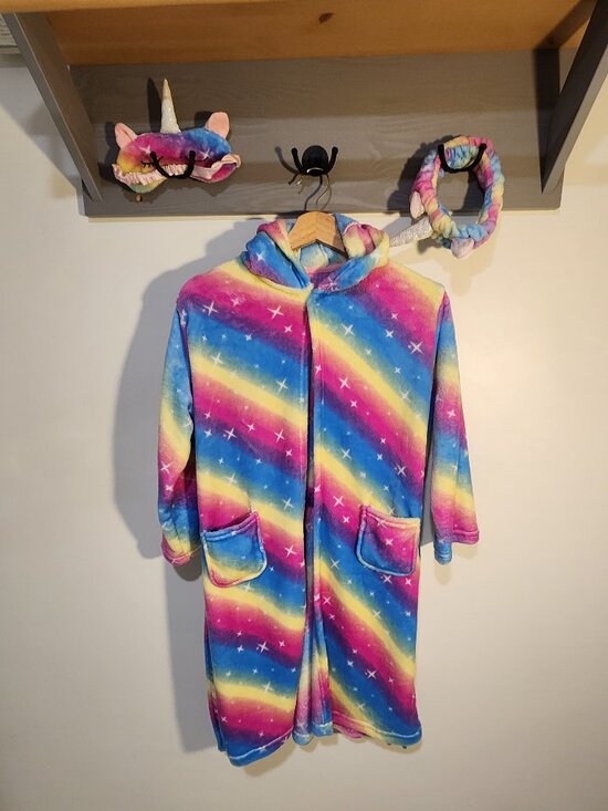 Girls Kids Unicorn Hooded Robe with Matching Headband & sleep mask - Picture 1 of 4